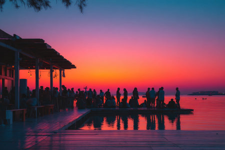 Sunset party silhouettes of people on a wooden deck over the waterの素材