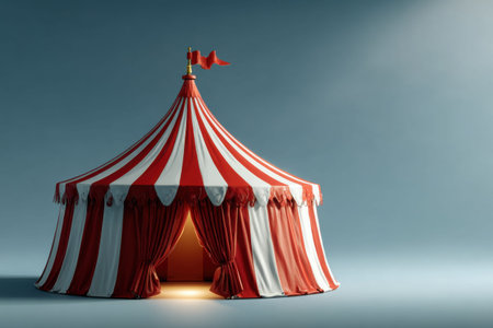 Minimalistic red and white 3D circus tent on a blue backgroundの素材