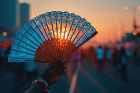 Close-up of a paper fan in the hand of a dark-skinned woman against the background of a blurred evening city. Hot weather concept, diversity and inclusivityの素材