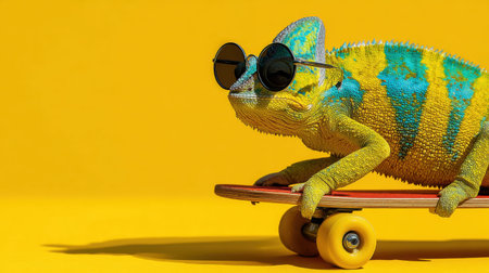 A bright Chameleon in round black sunglasses on a skateboard at right on a yellow background, copy spaceの素材