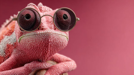 A pink chameleon wearing black round sunglasses looks straight into the camera on a pink background. Empty space for text, copy spaceの素材