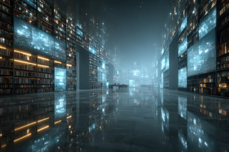 A futuristic digital library with books, data visualization, and AI-powered information retrieval. Modern technologiesの素材