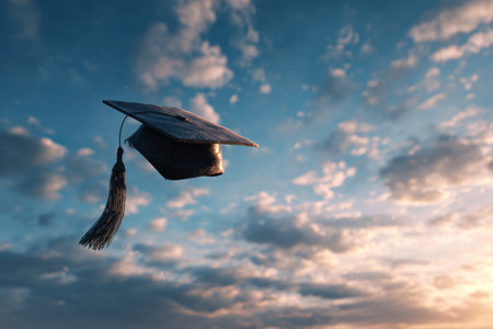 The graduate's graduation cap is thrown up into the blue skyの素材