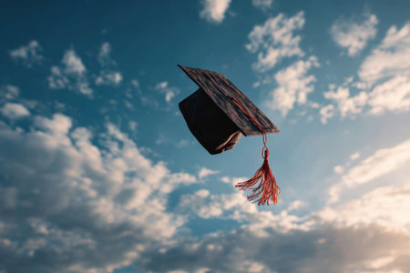 black graduation cap with red tassel in the blue skyの素材