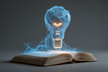 The glow of neon lights above an open book symbolizes knowledge and technology.の素材