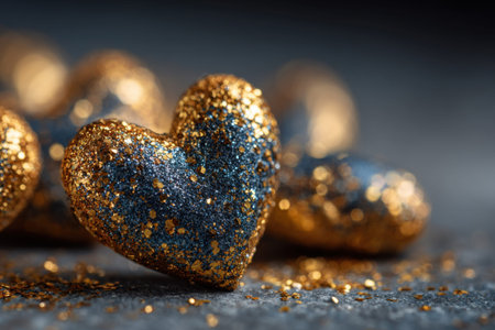golden shine hearts on dark blue background with copy spaceの素材
