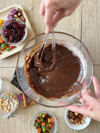 Homemade baking. Female hands mixing chocolate dough in a glass bowl on a wooden table with...
