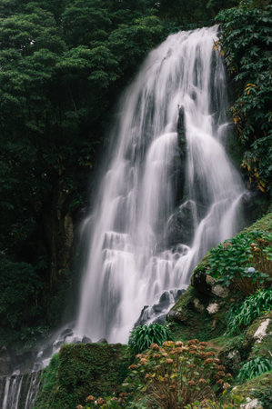 Panoramic beautiful waterfall of Azores Islands, Portugal
