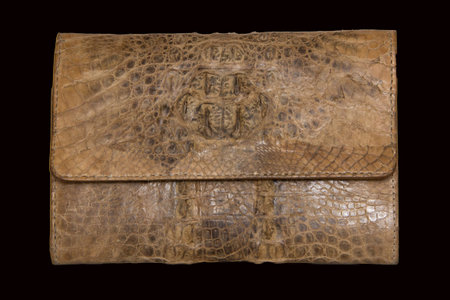 Closed female clutch bag made of crocodile leather on a black background