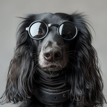 Portrait of a black cocker spaniel dog wearing glasses.の素材