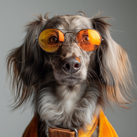 Portrait of a long-haired dachshund dog wearing orange sunglasses. Studio shot.の素材
