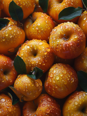 Ripe apples with green leaves and water drops close-up.の素材