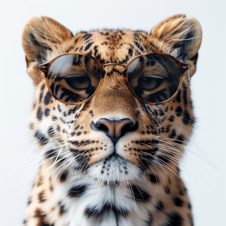Portrait of a leopard with glasses on a white background.の素材