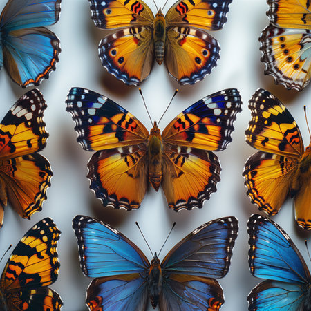 Butterfly background pattern made of colorful butterfly wings on white backgroundの素材