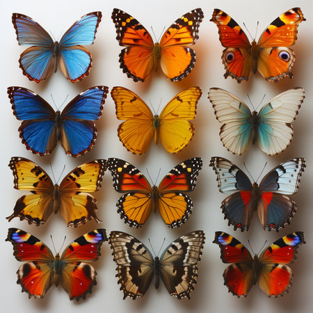 Butterfly collection in different colors on a white background. Top view.の素材