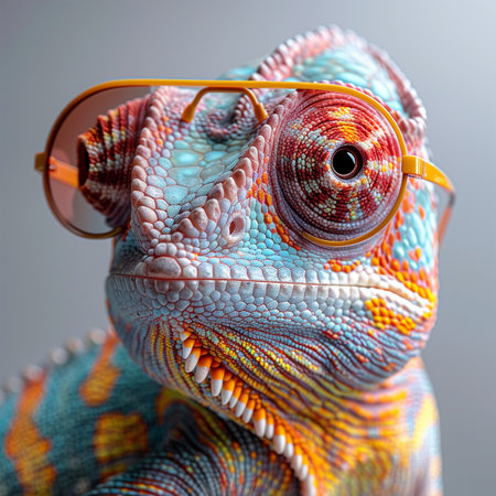 Portrait of a chameleon with glasses on a gray backgroundの素材