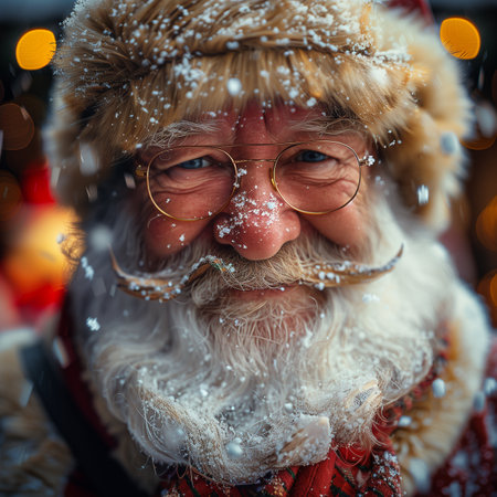 Portrait of an old man with a beard and mustache in Santa Claus clothesの素材
