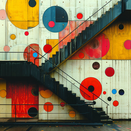 Colorful abstract background with geometric shapes and stairs in grunge styleの素材