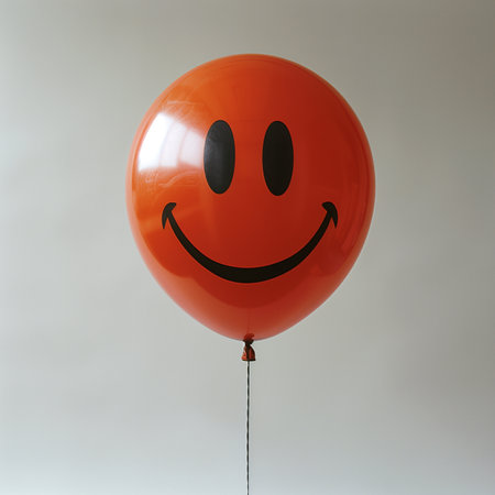 Funny orange balloon with smiley face on grey background, holiday concept, Children's Dayの素材
