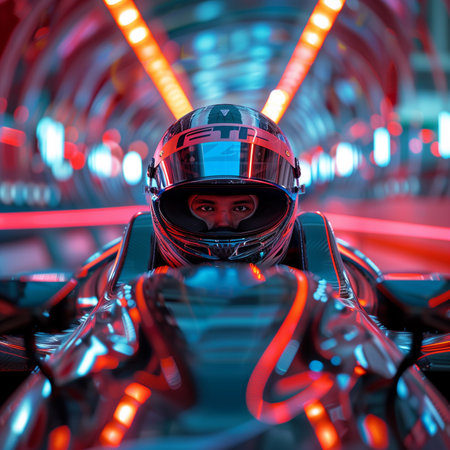 3D rendering of a female racer in a race car, illuminated by red lightsの素材