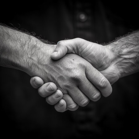 Black and white image of two hands holding each other on dark backgroundの素材