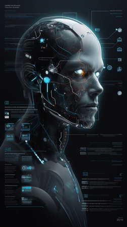 3d rendering of male cyborg with digital circuit board on dark backgroundの素材