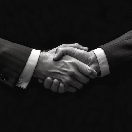 Business handshake on a dark background. Black and white. Business concept.の素材