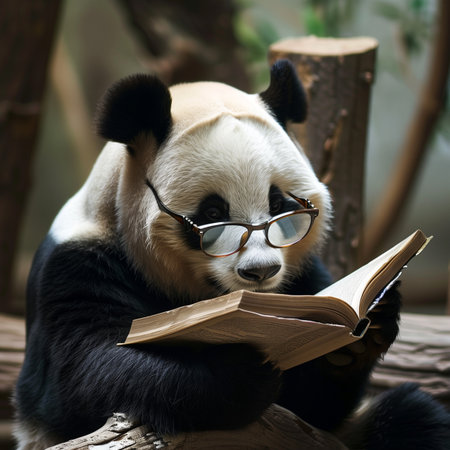 Panda bear reading a book in the zoo. Cute panda bear with glasses.の素材