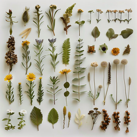 Big collection of various medicinal herbs and flowers on a white background.の素材