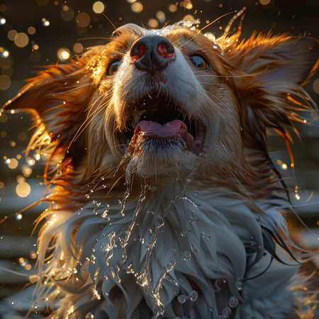 Portrait of a red-haired dog in water splashes.の素材