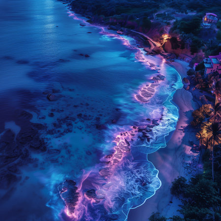 Aerial view of the beach at night, in Bali, Indonesiaの素材