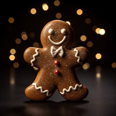 Gingerbread man on a black background with blurred lights in the backgroundの素材
