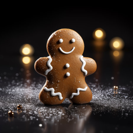 Christmas gingerbread man on a black background with snowflakes.の素材