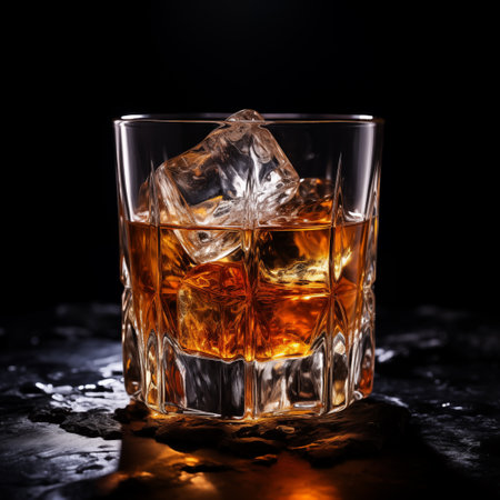 Whiskey on the rocks with ice cubes on a black backgroundの素材