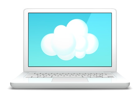 a white laptop computer and an icon of cloudの写真素材