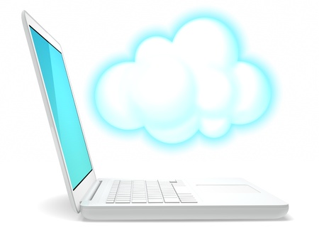 a white laptop computer and an icon of cloudの写真素材