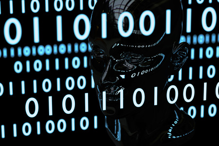 The blueish binary matrix codes float in the space and throw their light on the human face model which is made by chromatic material.  This is a concept image that shows human mind affected by  the digital world or could represent artificial intelligence.の写真素材