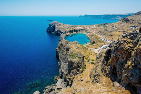 Panoramic bird eye aerial view at Saint Paul Bay at Lindos on the island of Rhodes, Greeceの写真素材