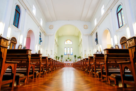 The interior view of traditional church with empty bench and aisle, the famous heritage in...