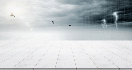 Business concept - Empty marble floor top with panoramic sky view under sunrise and storm thunder grey sky for display or montage productのeditorial素材