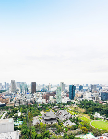Business and culture concept - panoramic modern city skyline bird eye aerial view with zojo-ji temple shrine from tokyo tower under dramatic sunrise and morning blue sky in Tokyo, Japanのeditorial素材
