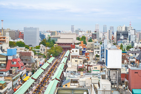 Asia Business concept for real estate and corporate construction - panoramic modern cityscape building bird eye aerial view of Sensoji shrine under sunrise and morning blue bright sky in Tokyo, Japanのeditorial素材
