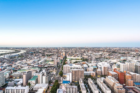 Business and culture concept - panoramic modern city skyline bird eye aerial view under dramatic...