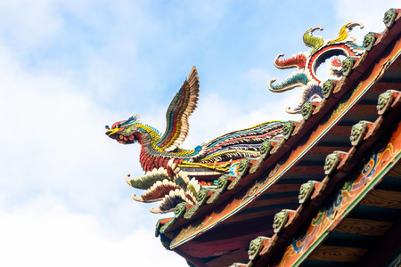 Asia culture concept - Roof with beautiful decoration of famous heritage landmark, the traditional old oriental Chinese temple, lungshan in Taipei, Taiwanのeditorial素材