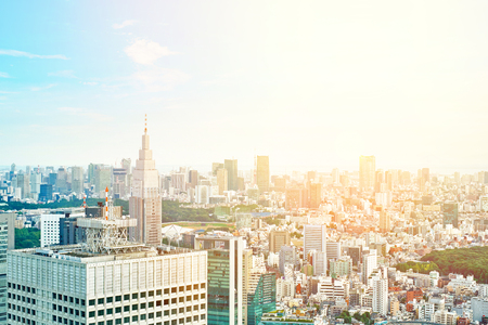 Asia Business concept for real estate and corporate construction - panoramic modern cityscape building bird eye aerial view under sunrise and morning blue bright sky in Tokyo, Japanのeditorial素材