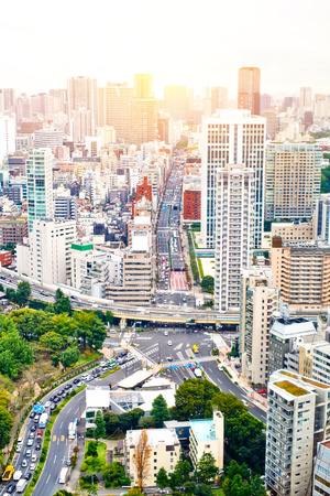 Asia Business concept for real estate and corporate construction - vertical modern cityscape building bird eye aerial view from tokyo tower under sunrise and morning blue bright sky in Tokyo, Japanのeditorial素材