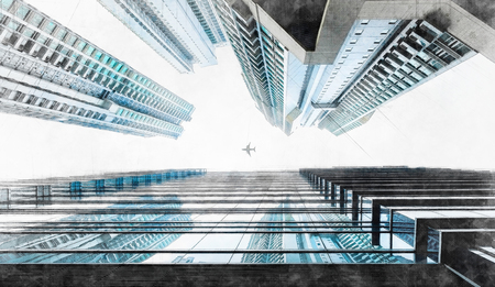 Asia business concept - Looking up view in financial district, the silhouettes of skyscrapers city reflect blue sky, sun lights and airplane in Hong Kong, China. Mix hand drawn sketch illustrationの写真素材