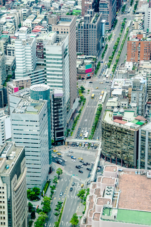 Asia Business concept for real estate and corporate construction - panoramic modern cityscape building bird eye aerial view under sunrise and morning blue bright sky, shot in Taipei 101, Taiwanの写真素材