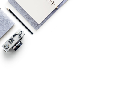 Business concept - Top view of stationery like open notebook, pencil...etc for mockup design isolated on white desktop backgroundの写真素材