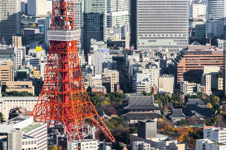 Asia Business concept for real estate and corporate construction - panoramic modern city skyline bird eye aerial view of tokyo tower and odaiba under blue sky in Roppongi Hill, Tokyo, Japanのeditorial素材